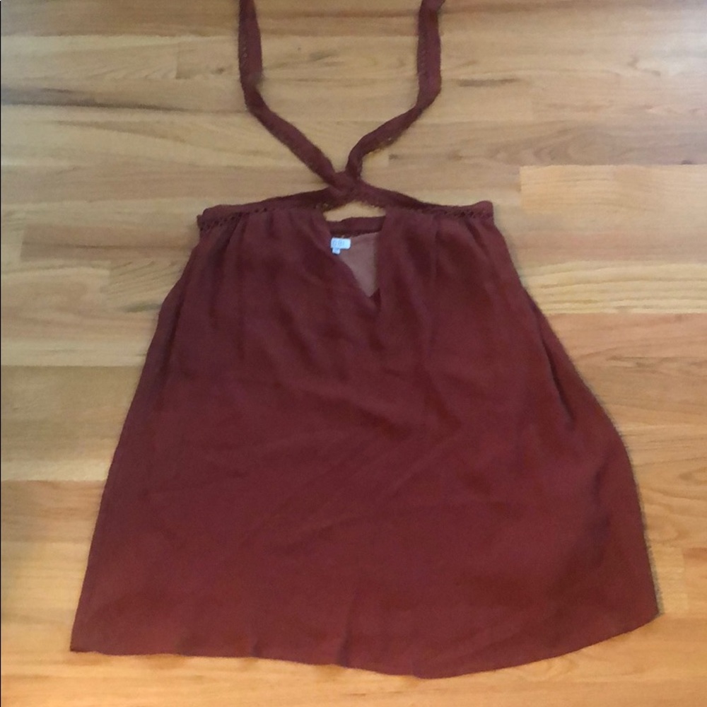 Toni terra-cotta mini halter dress